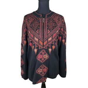 Peruvian Link woman’s XL Alpaca lined zip sweater Aztec southwestern black